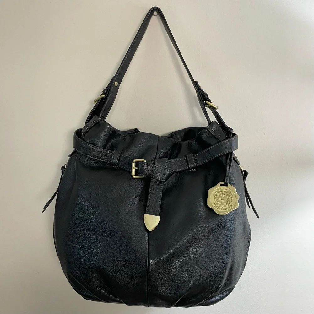 VINCE CAMUTO Black Leather BELTED Shoulder Bag SATCHEL Designer PURSE